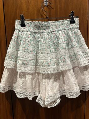 Altar'd State Cream and Light Pink Floral Tiered Lace Mini Skirt